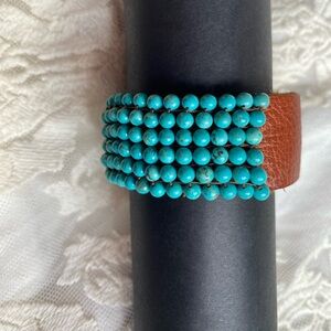 Turquoise Beaded Brown Leather Snap Bracelet